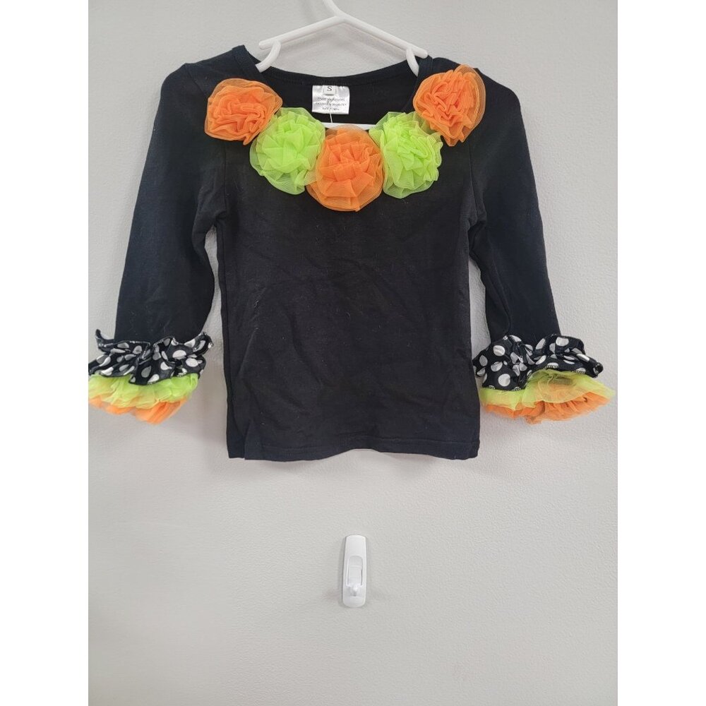 Girls 2T Black Long Sleeve Top W/ Orange & Green Tulle Collar & Polka Dot Ruffle